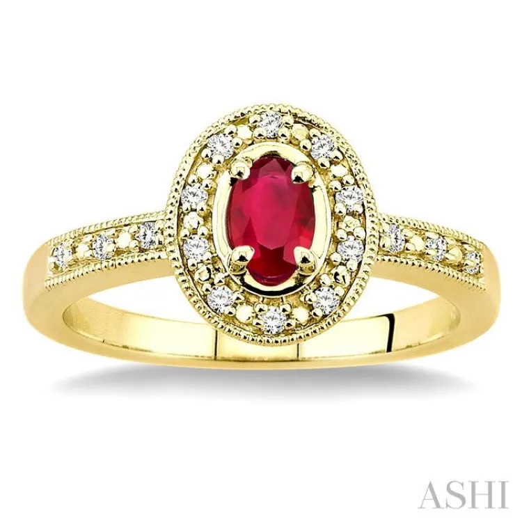 5x3mm oval cut Ruby and 1/10 Ctw Single Cut Diamond Ring in 14K Yellow Gold.