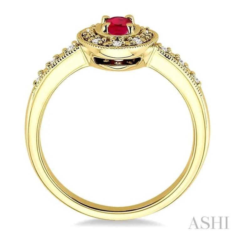 5x3mm oval cut Ruby and 1/10 Ctw Single Cut Diamond Ring in 14K Yellow Gold.