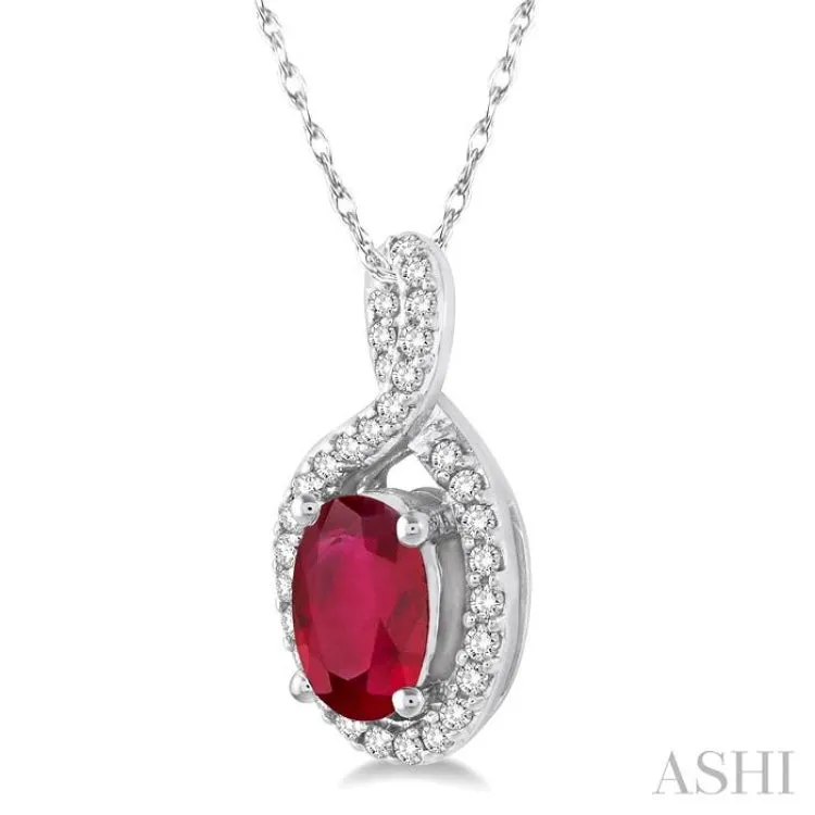 6x4 MM Oval Cut Ruby and 1/10 Ctw Round Cut Diamond Pendant in 10K White Gold with Chain