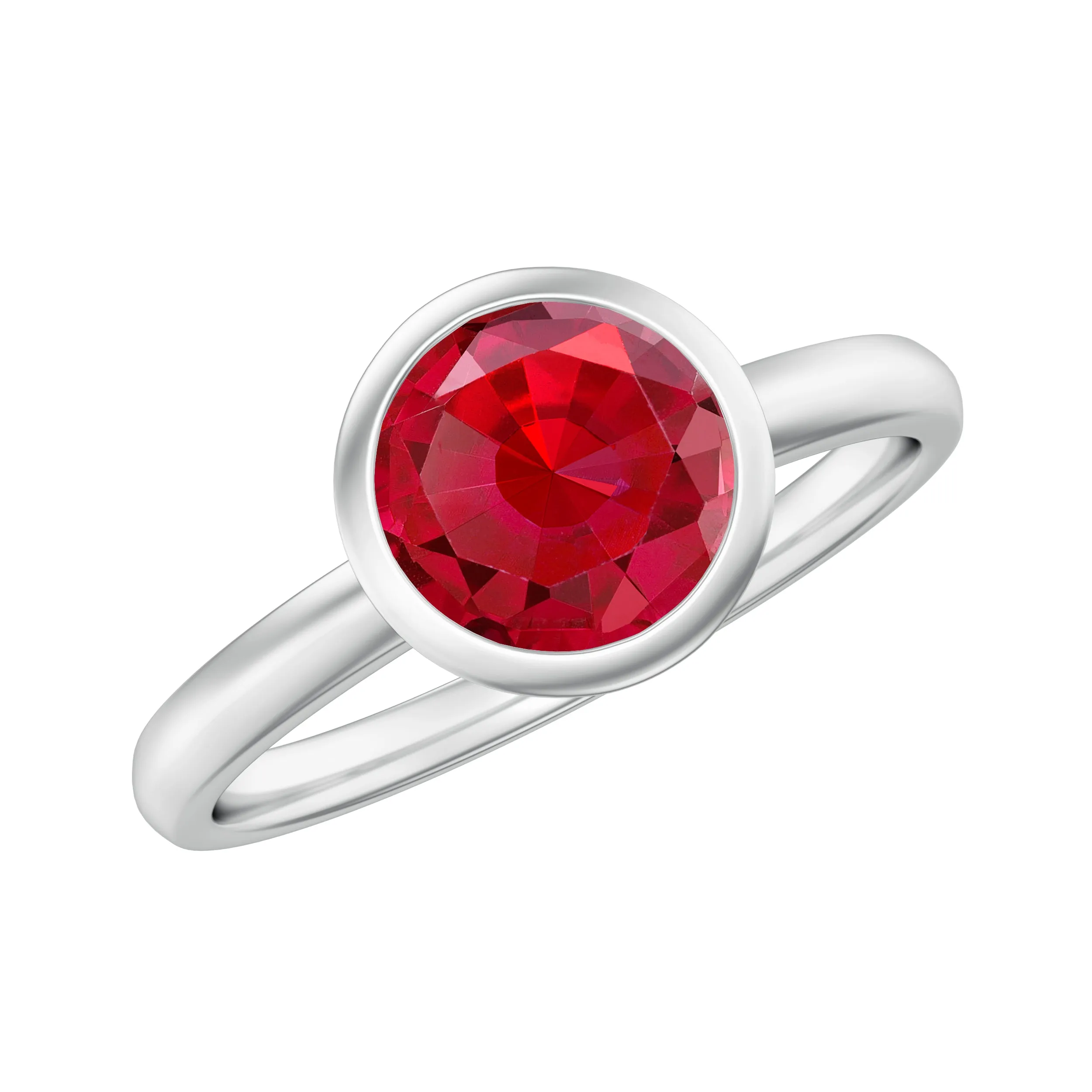 7 MM Round Created Ruby Solitaire Ring in Bezel Setting