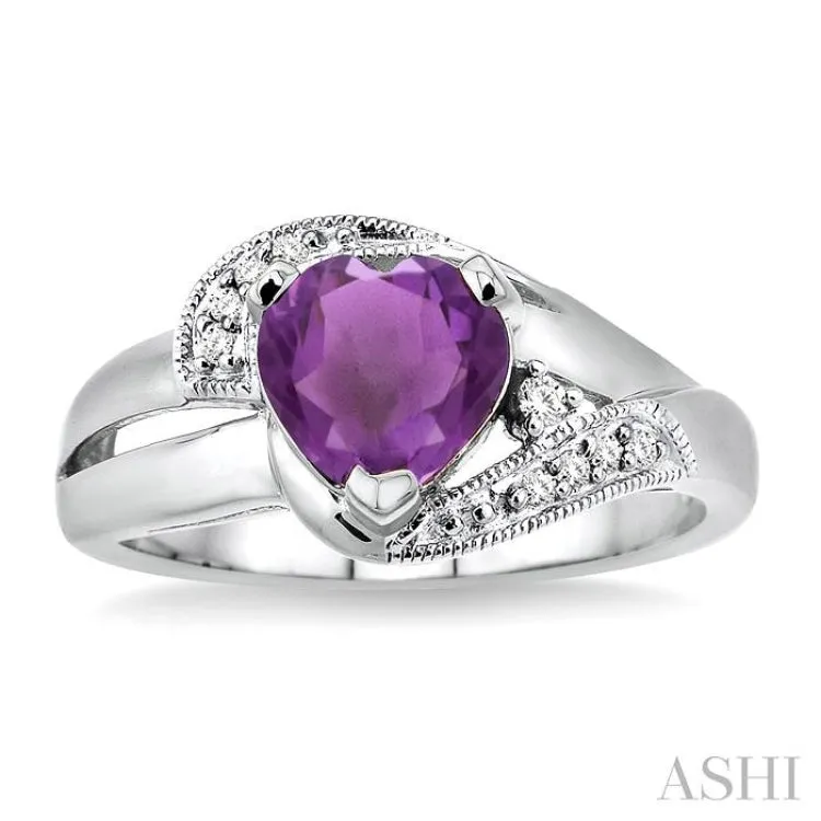 7x7 MM Heart Shape Amethyst and 1/20 Ctw Single Cut Diamond Ring in Sterling Silver