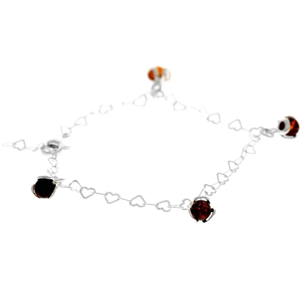 925 Sterling Silver & Genuine Baltic Amber Modern Adjustable up to 25 cm Hearts Bracelet or Anklet - 5966B