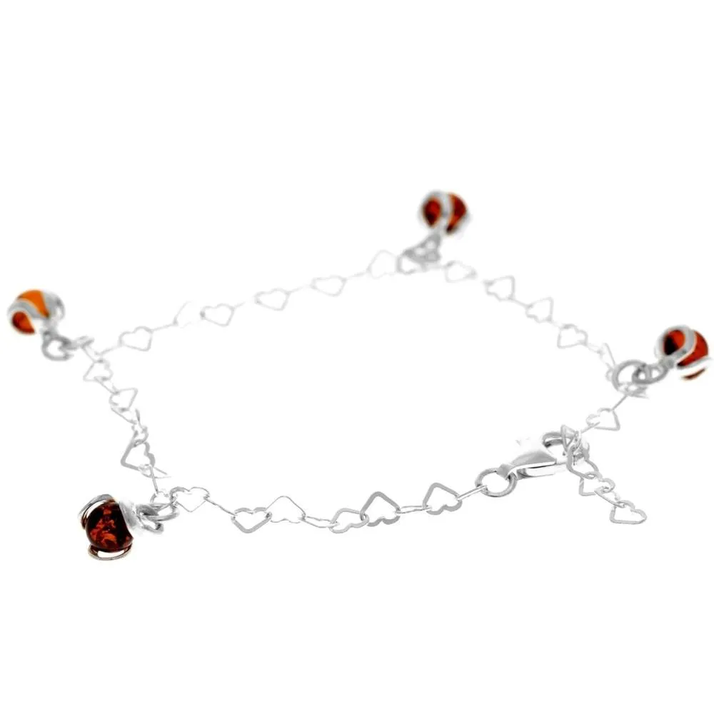 925 Sterling Silver & Genuine Baltic Amber Modern Adjustable up to 25 cm Hearts Bracelet or Anklet - 5966B