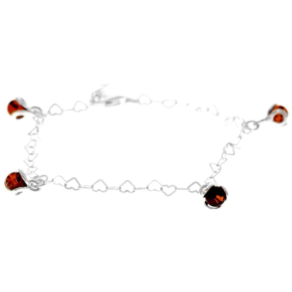 925 Sterling Silver & Genuine Baltic Amber Modern Adjustable up to 25 cm Hearts Bracelet or Anklet - 5966B