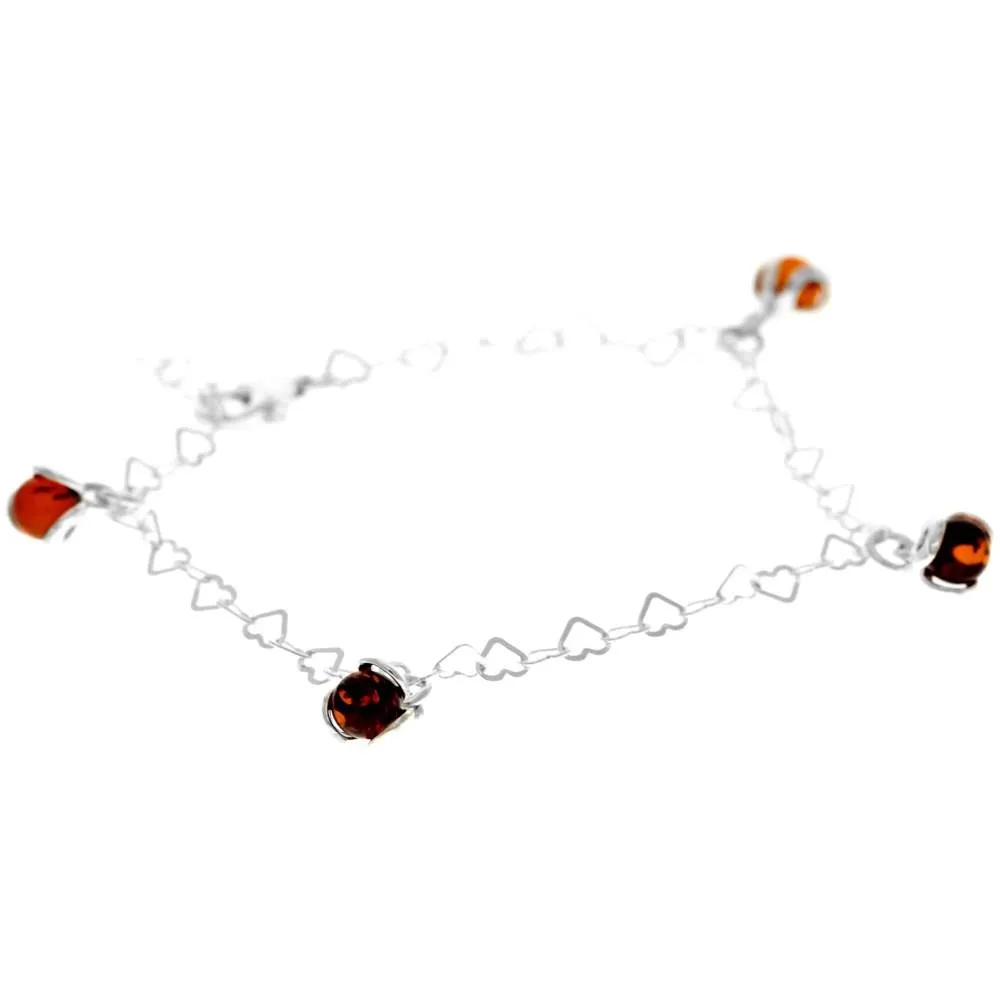 925 Sterling Silver & Genuine Baltic Amber Modern Adjustable up to 25 cm Hearts Bracelet or Anklet - 5966B