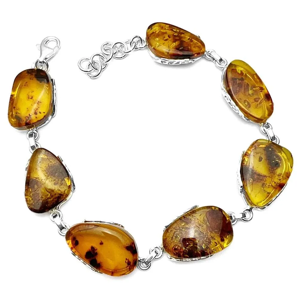 925 Sterling Silver & Genuine Cognac Baltic Amber Exclusive Link Bracelet with extender - BT179