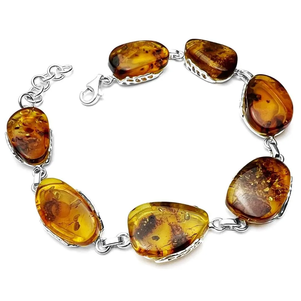 925 Sterling Silver & Genuine Cognac Baltic Amber Exclusive Link Bracelet with extender - BT179