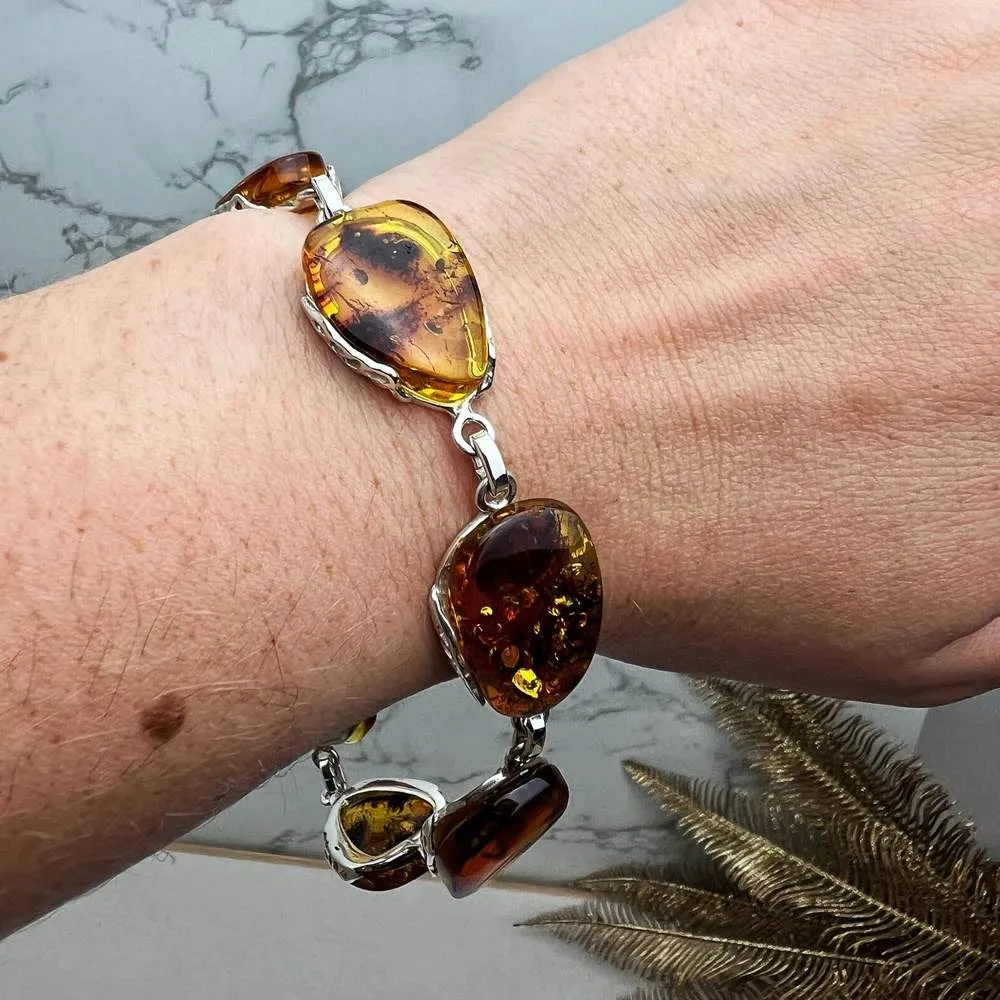 925 Sterling Silver & Genuine Cognac Baltic Amber Exclusive Link Bracelet with extender - BT179