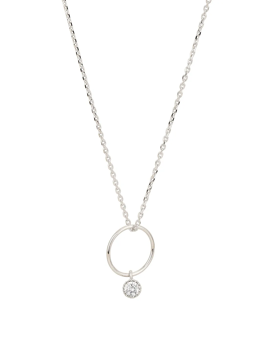 925 Sterling Silver Rhodium Plated Circle With Solitaire Pendant And Chain