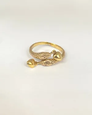 9ct Gold Vintage Double Snake Ring with hanging hearts