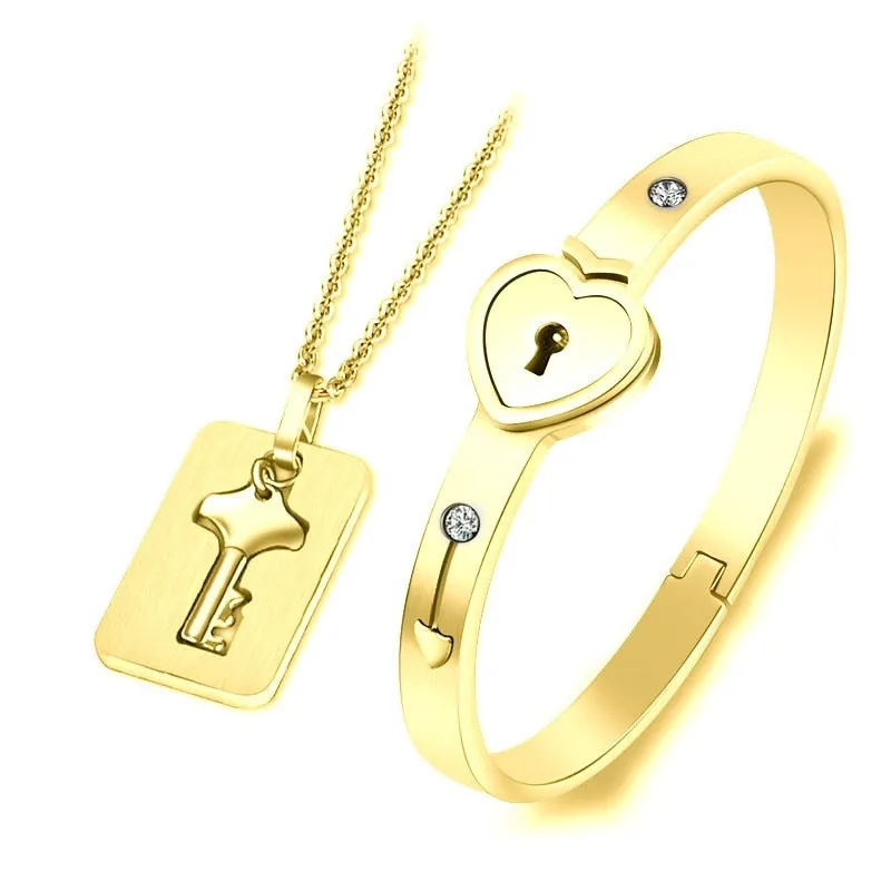 A Couple Lovers Jewelry Love Heart Lock Bracelet Stainless Steel Bracelets Bangles Key Pendant Necklace Jewelry