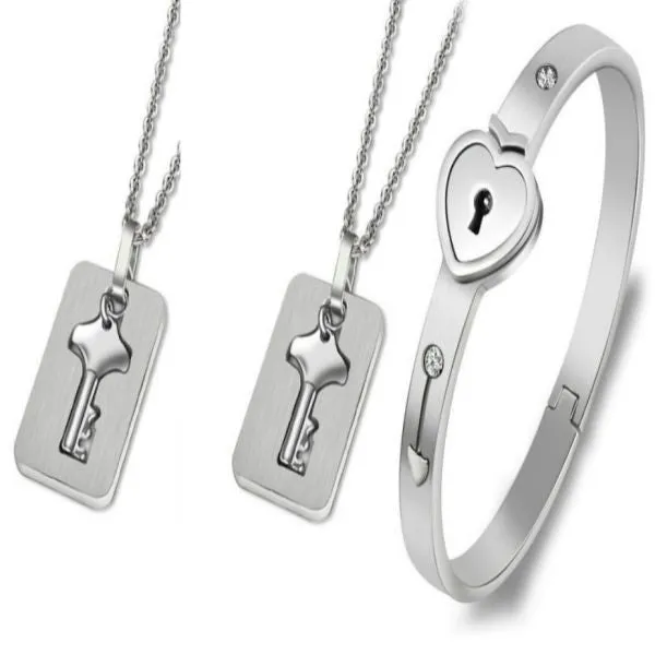 A Couple Lovers Jewelry Love Heart Lock Bracelet Stainless Steel Bracelets Bangles Key Pendant Necklace Jewelry