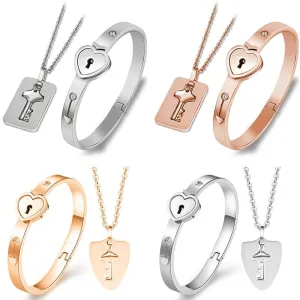 A Couple Lovers Jewelry Love Heart Lock Bracelet Stainless Steel Bracelets Bangles Key Pendant Necklace Jewelry