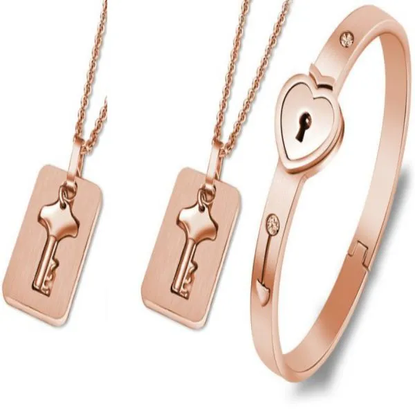 A Couple Lovers Jewelry Love Heart Lock Bracelet Stainless Steel Bracelets Bangles Key Pendant Necklace Jewelry