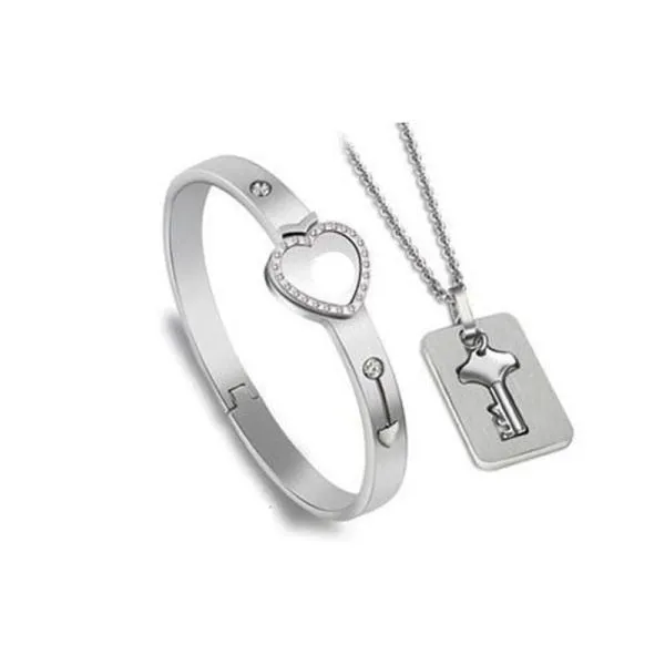 A Couple Lovers Jewelry Love Heart Lock Bracelet Stainless Steel Bracelets Bangles Key Pendant Necklace Jewelry