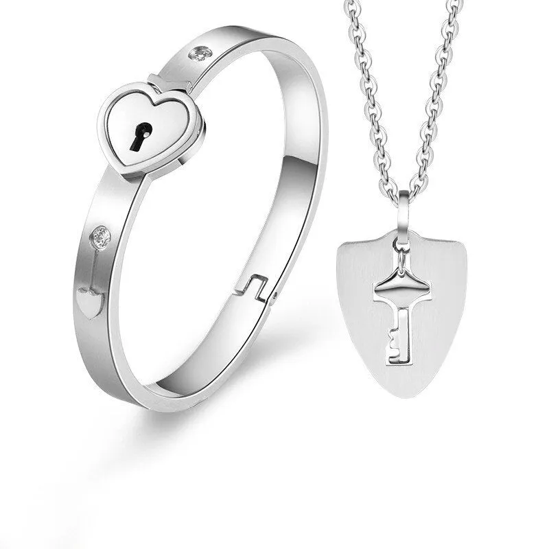 A Couple Lovers Jewelry Love Heart Lock Bracelet Stainless Steel Bracelets Bangles Key Pendant Necklace Jewelry