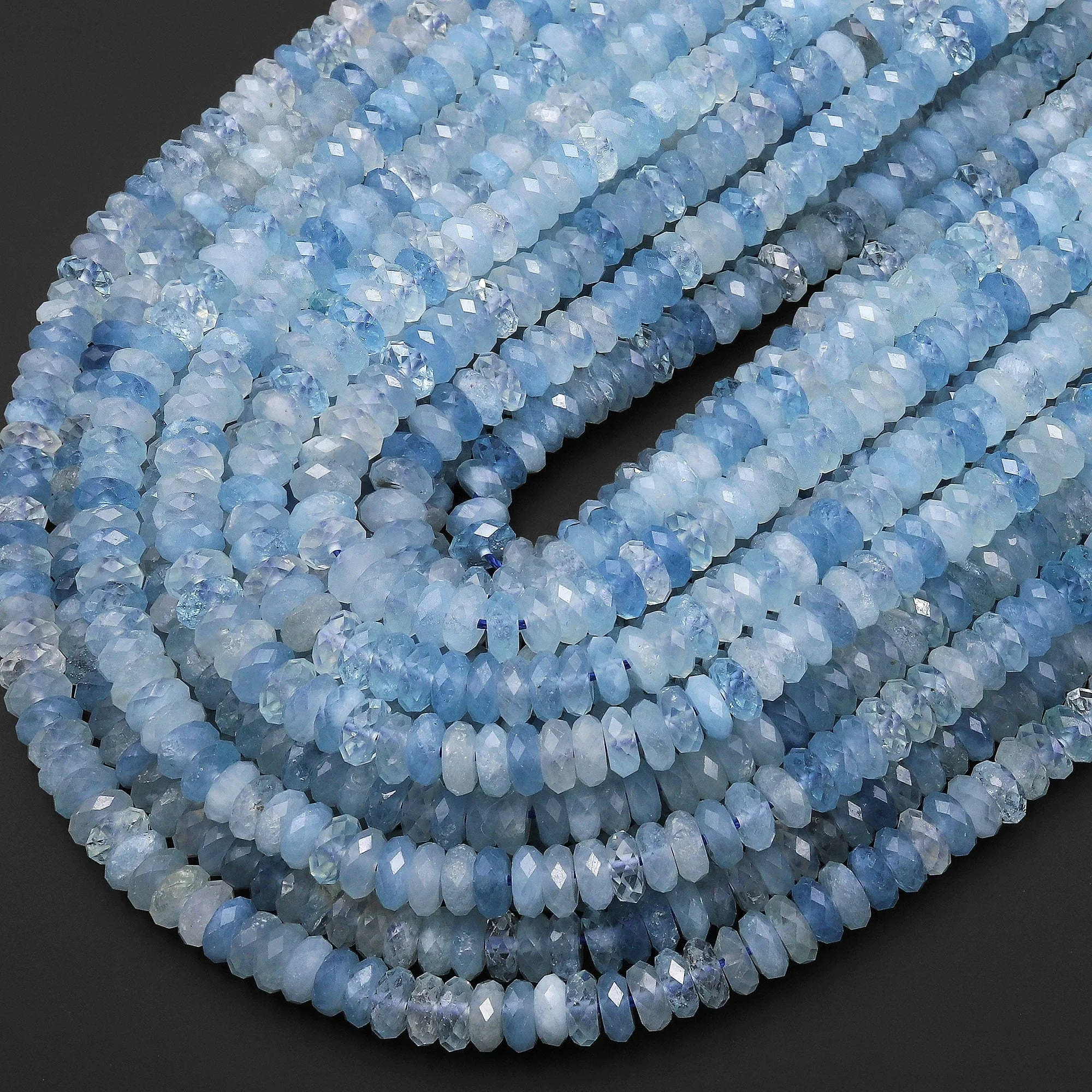 AAA Extra Translucent Large Natural Blue Aquamarine Faceted Rondelle Beads 6mm 15.5" Strand