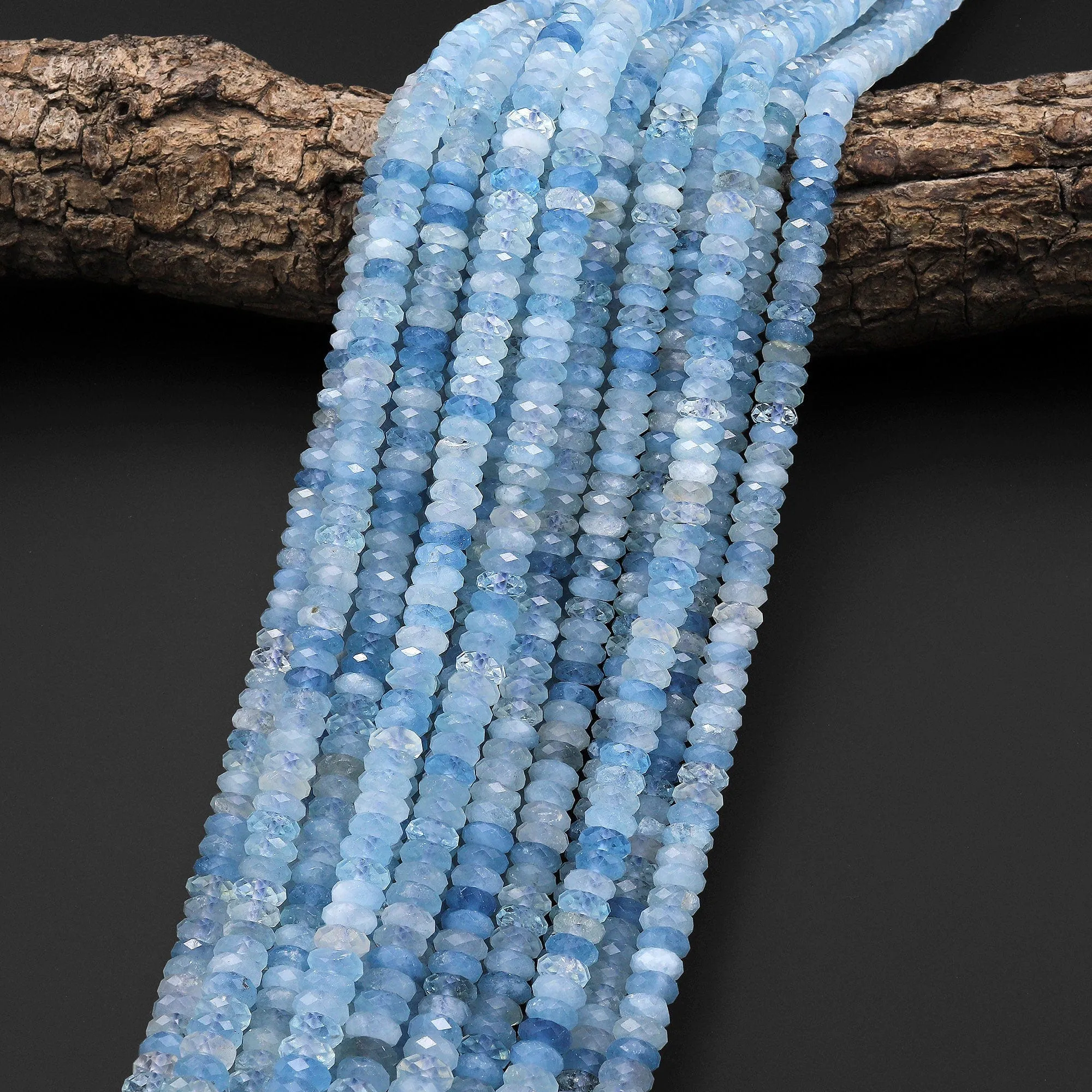 AAA Extra Translucent Large Natural Blue Aquamarine Faceted Rondelle Beads 6mm 15.5" Strand