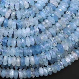 AAA Extra Translucent Large Natural Blue Aquamarine Faceted Rondelle Beads 6mm 15.5" Strand