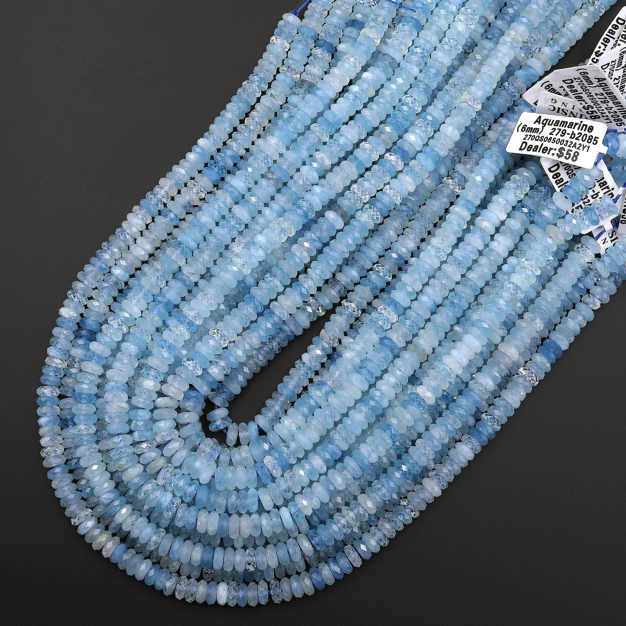 AAA Extra Translucent Large Natural Blue Aquamarine Faceted Rondelle Beads 6mm 15.5" Strand