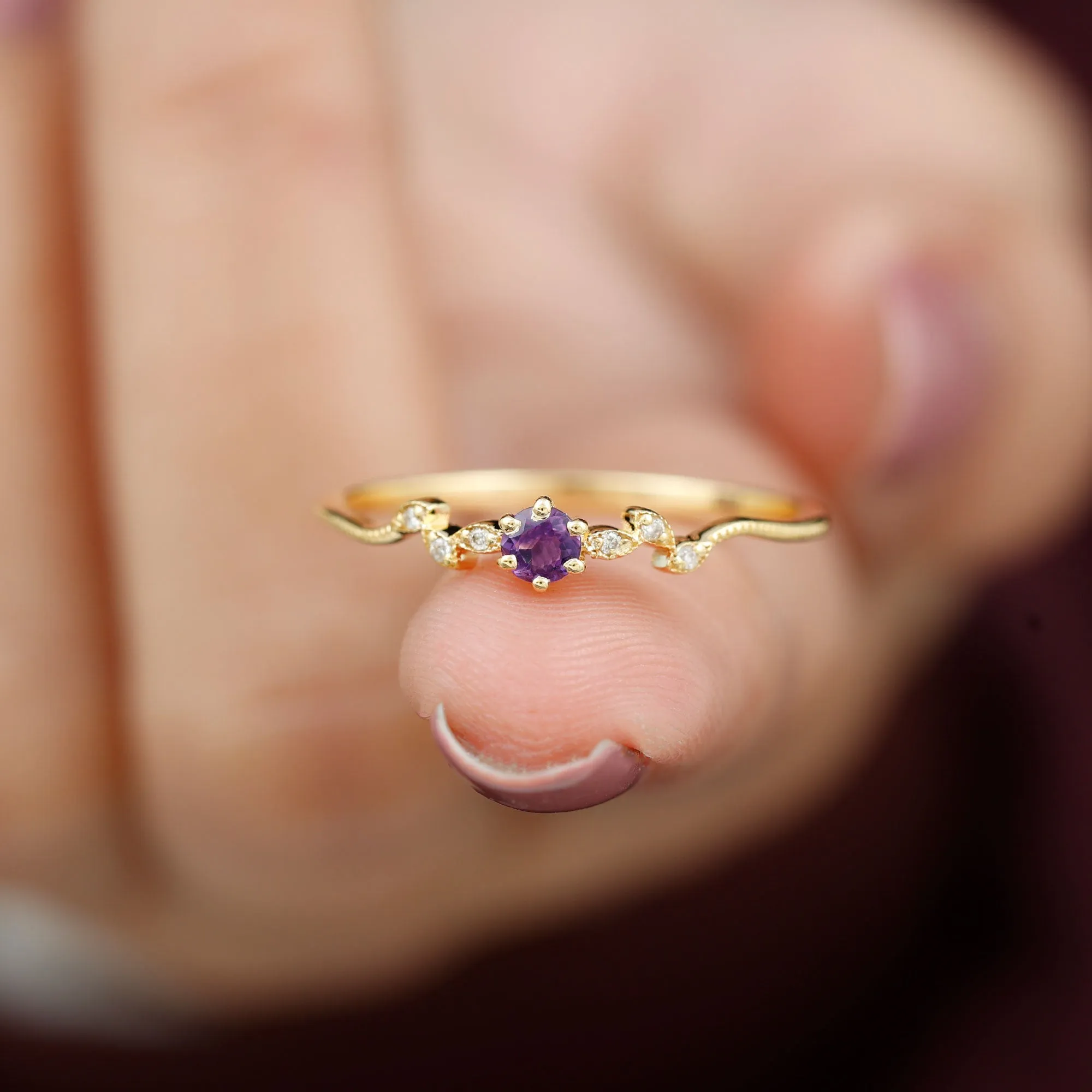 Amethyst and Diamond Leaf Promise Ring with Beaded Detailing