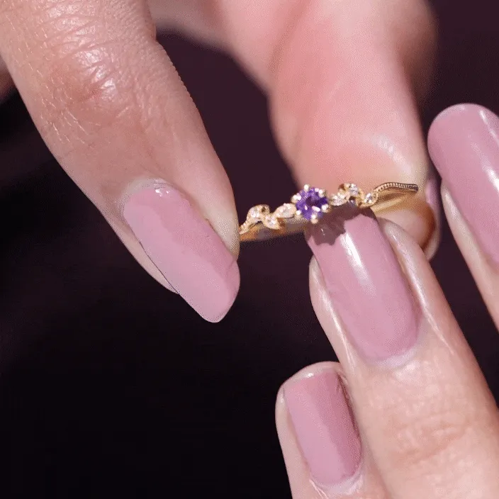 Amethyst and Diamond Leaf Promise Ring with Beaded Detailing