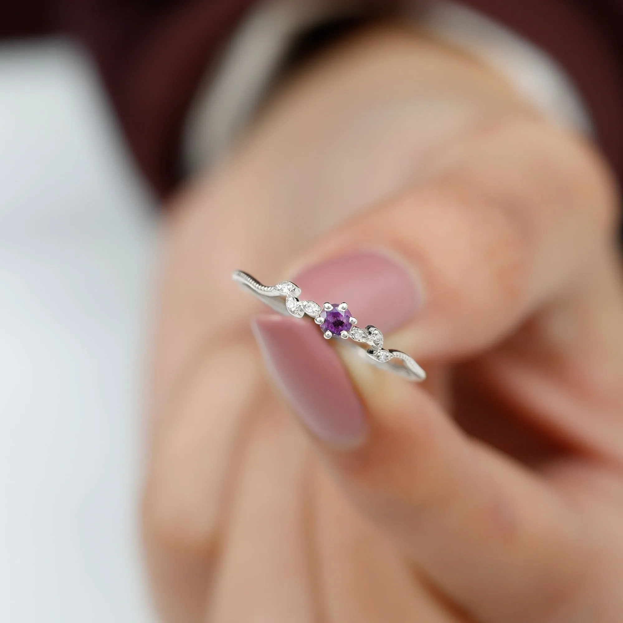 Amethyst and Diamond Leaf Promise Ring with Beaded Detailing