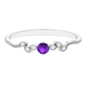 Amethyst and Diamond Leaf Promise Ring with Beaded Detailing