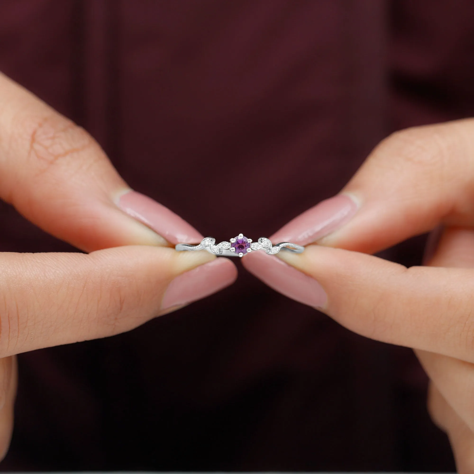 Amethyst and Diamond Leaf Promise Ring with Beaded Detailing