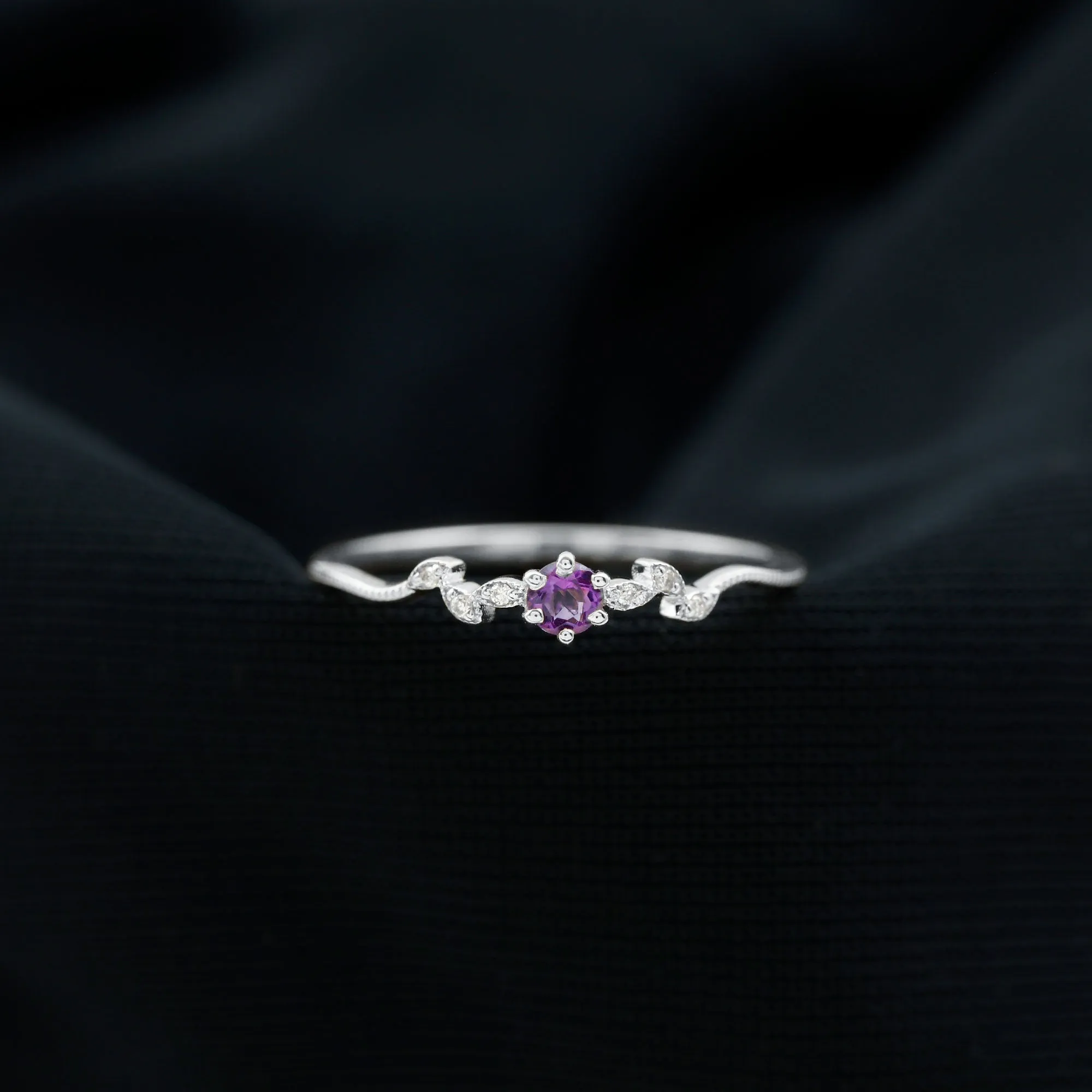 Amethyst and Diamond Leaf Promise Ring with Beaded Detailing