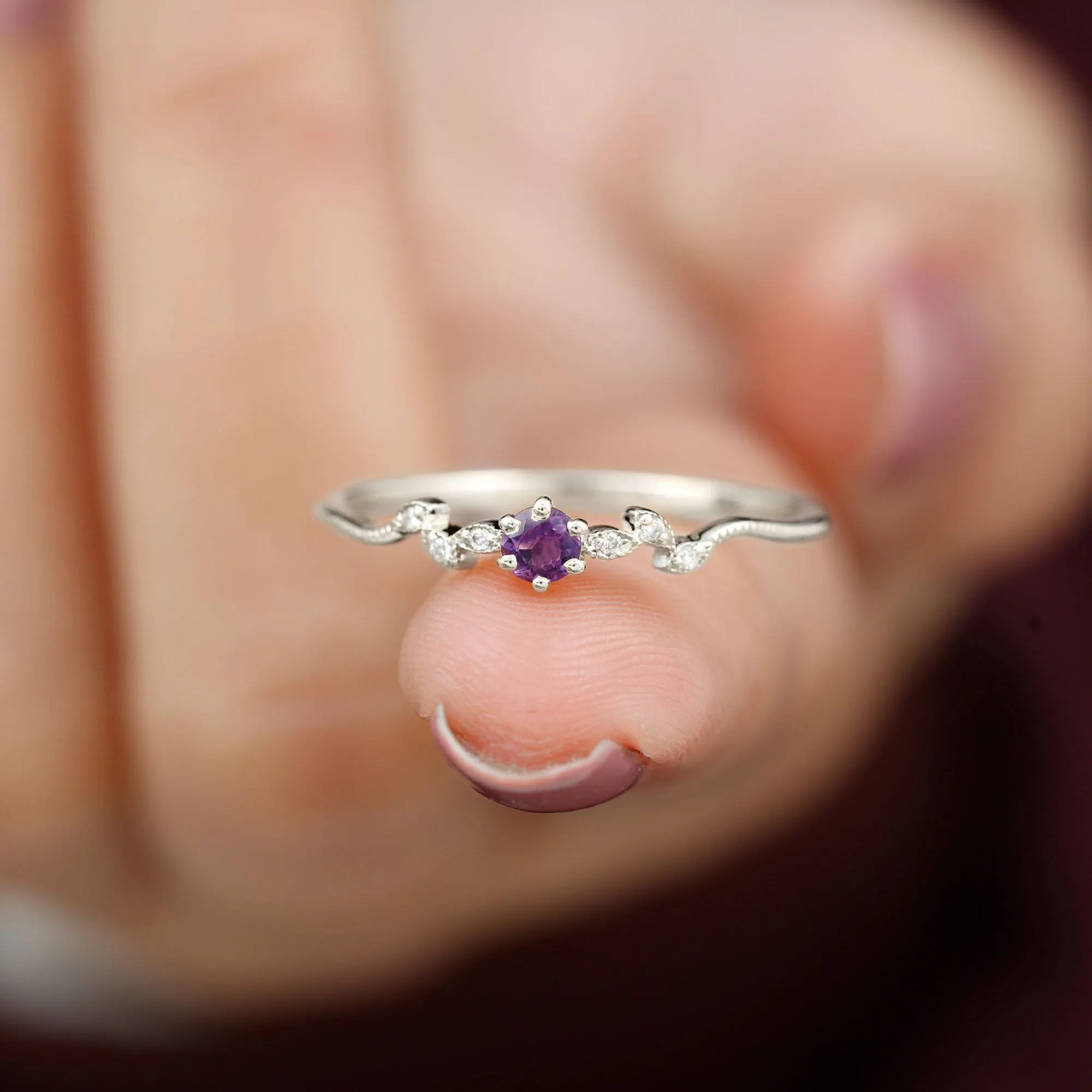 Amethyst and Diamond Leaf Promise Ring with Beaded Detailing