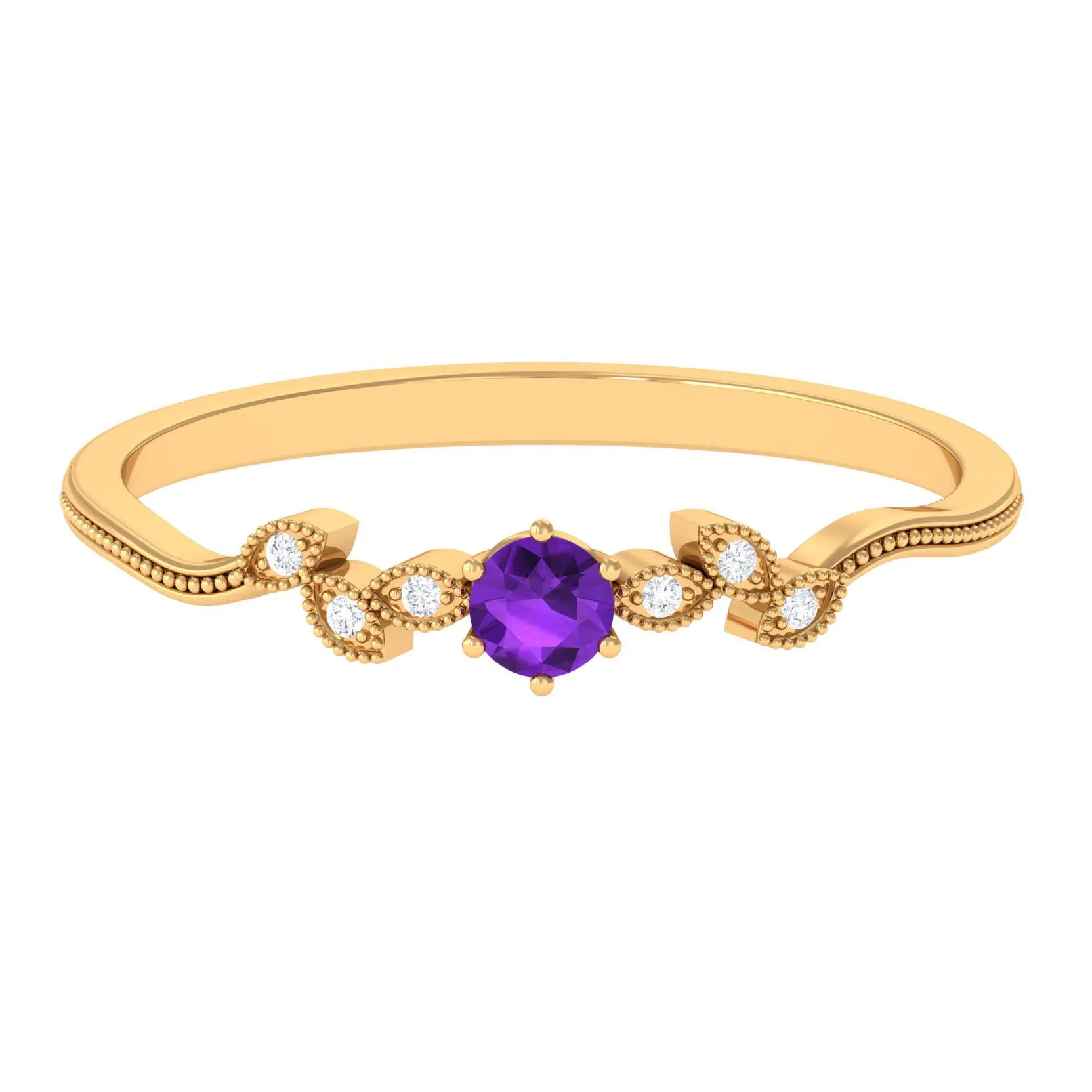 Amethyst and Diamond Leaf Promise Ring with Beaded Detailing