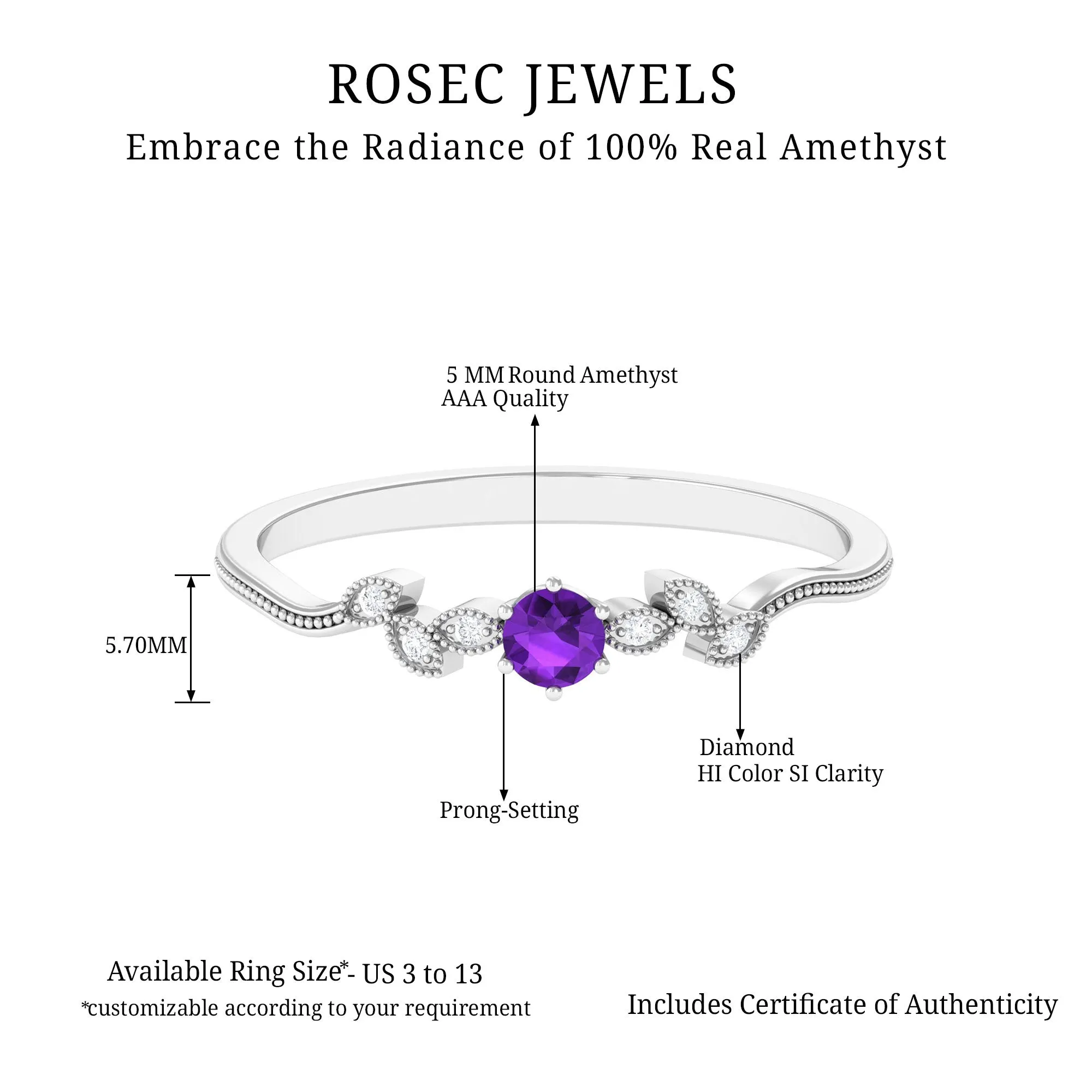 Amethyst and Diamond Leaf Promise Ring with Beaded Detailing