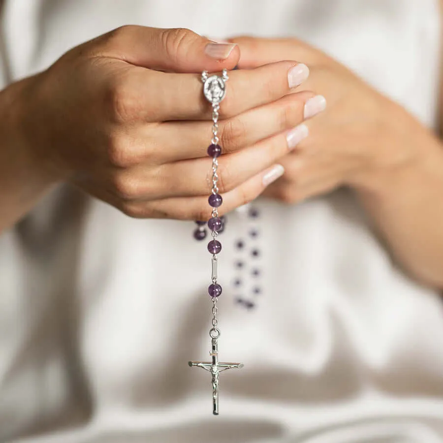 AMETHYST BEADS ROSARY - SILVER