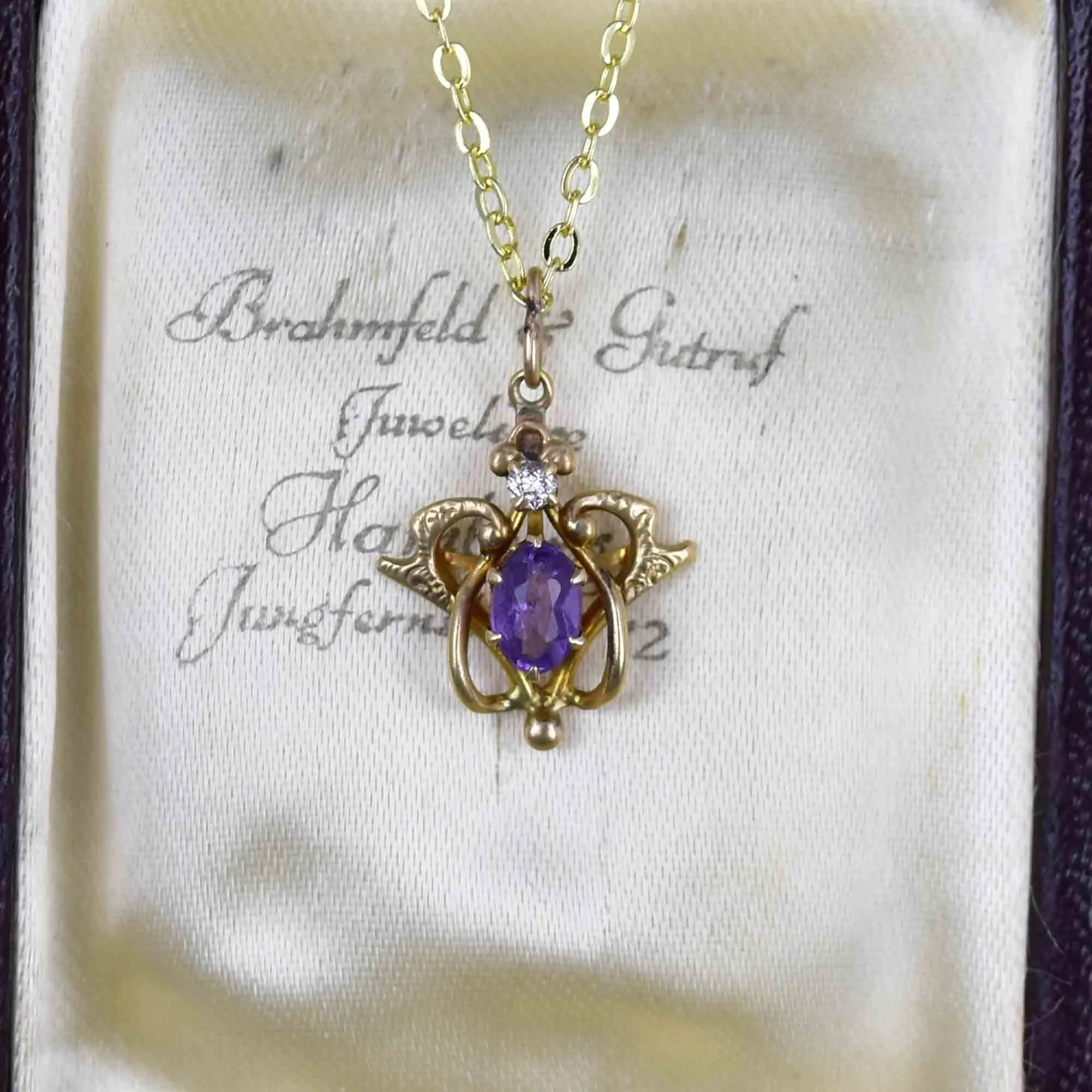 Antique Edwardian 14K Gold Diamond Amethyst Pendant Necklace