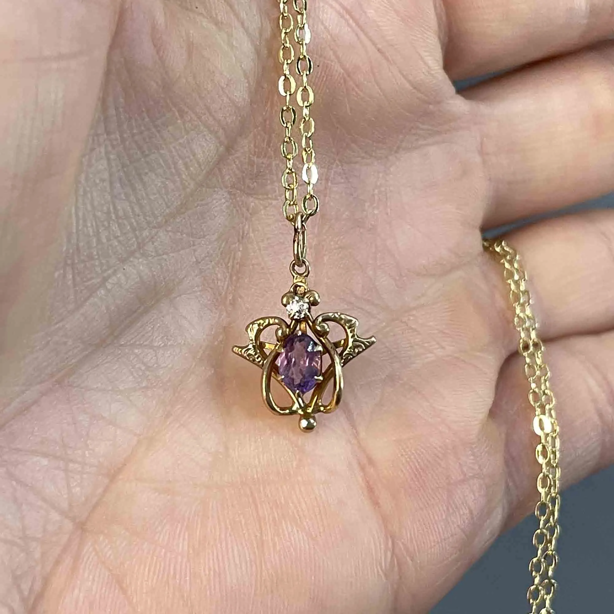 Antique Edwardian 14K Gold Diamond Amethyst Pendant Necklace