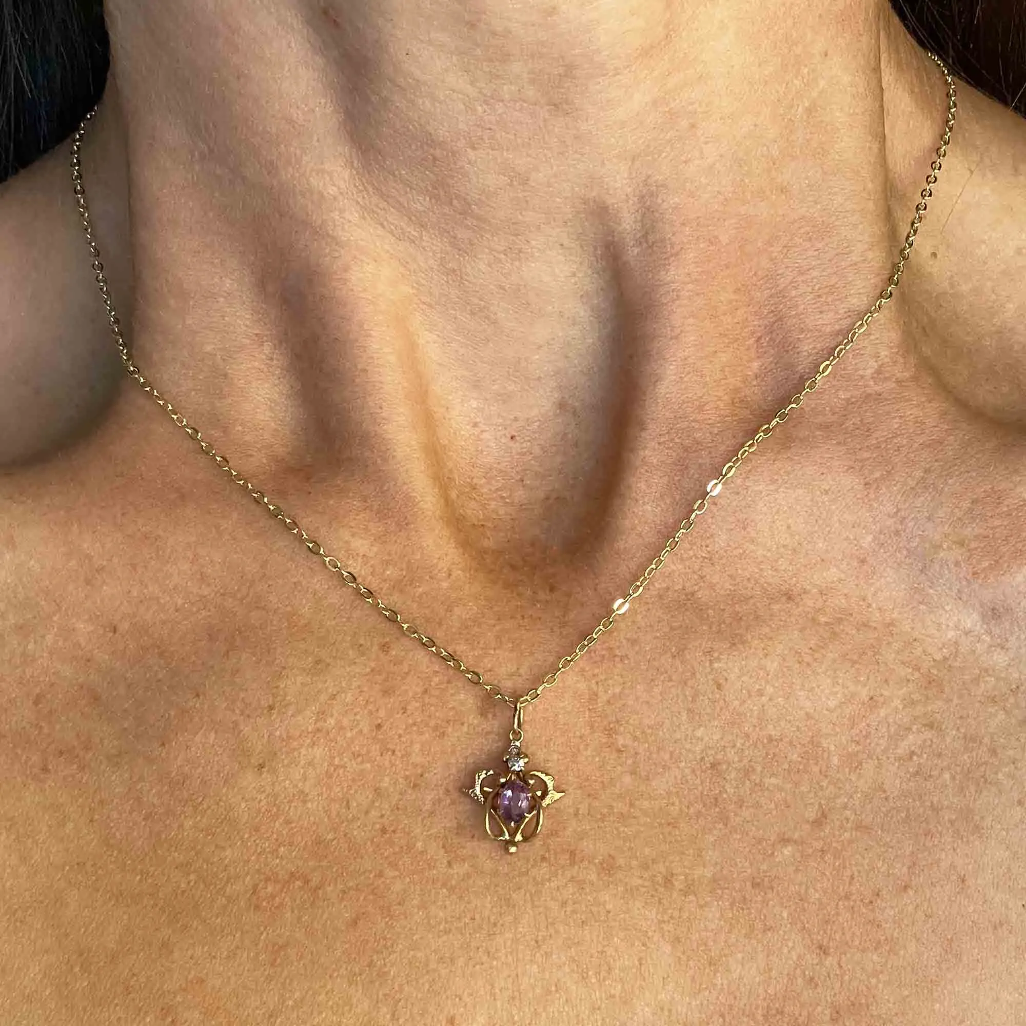 Antique Edwardian 14K Gold Diamond Amethyst Pendant Necklace