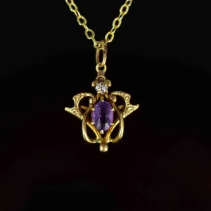 Antique Edwardian 14K Gold Diamond Amethyst Pendant Necklace