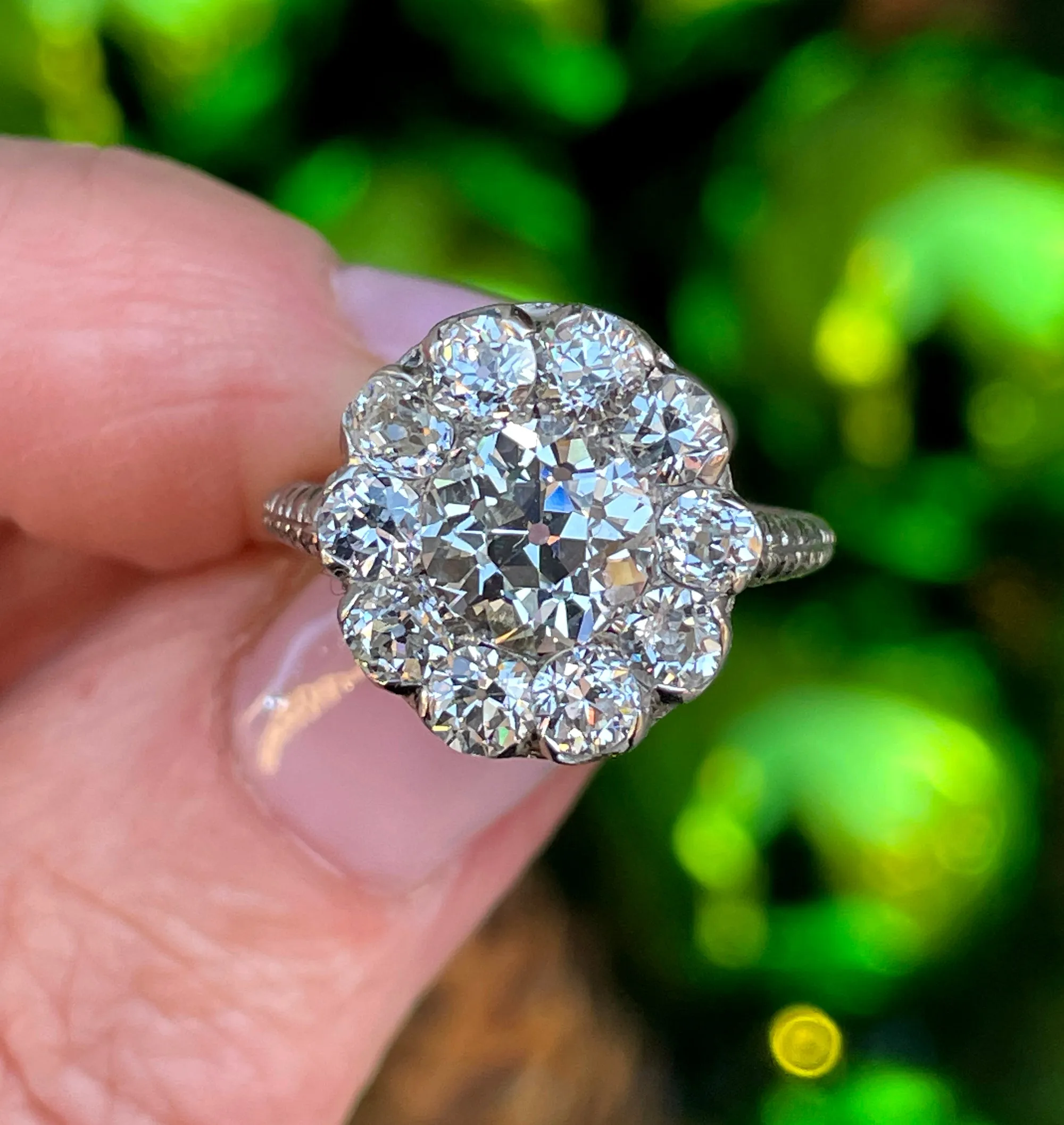 Antique Edwardian 1900s GIA H-VS2 3.38ctw OLD European Cut Diamond Cluster Platinum Ring