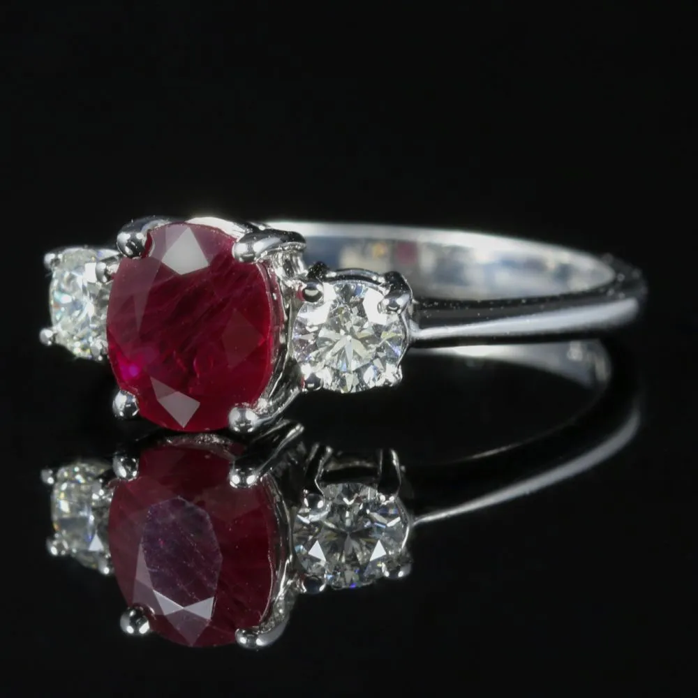 Antique Edwardian Ruby Diamond Trilogy Ring 18Ct White Gold Circa 1915