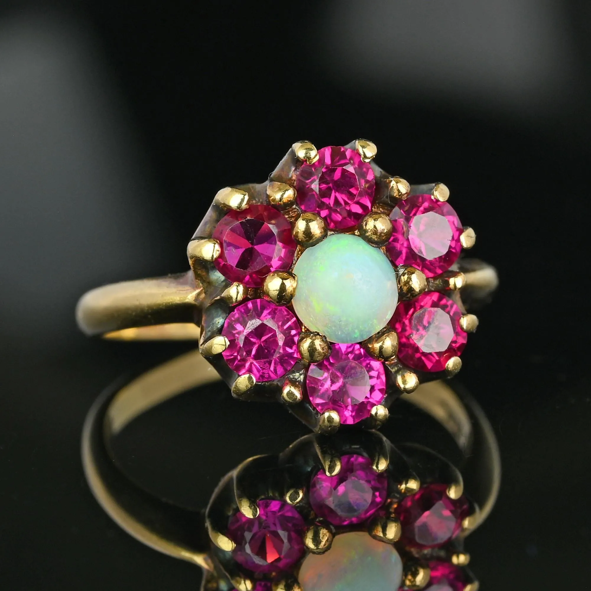 Antique Gold Ruby Halo Cluster Opal Ring