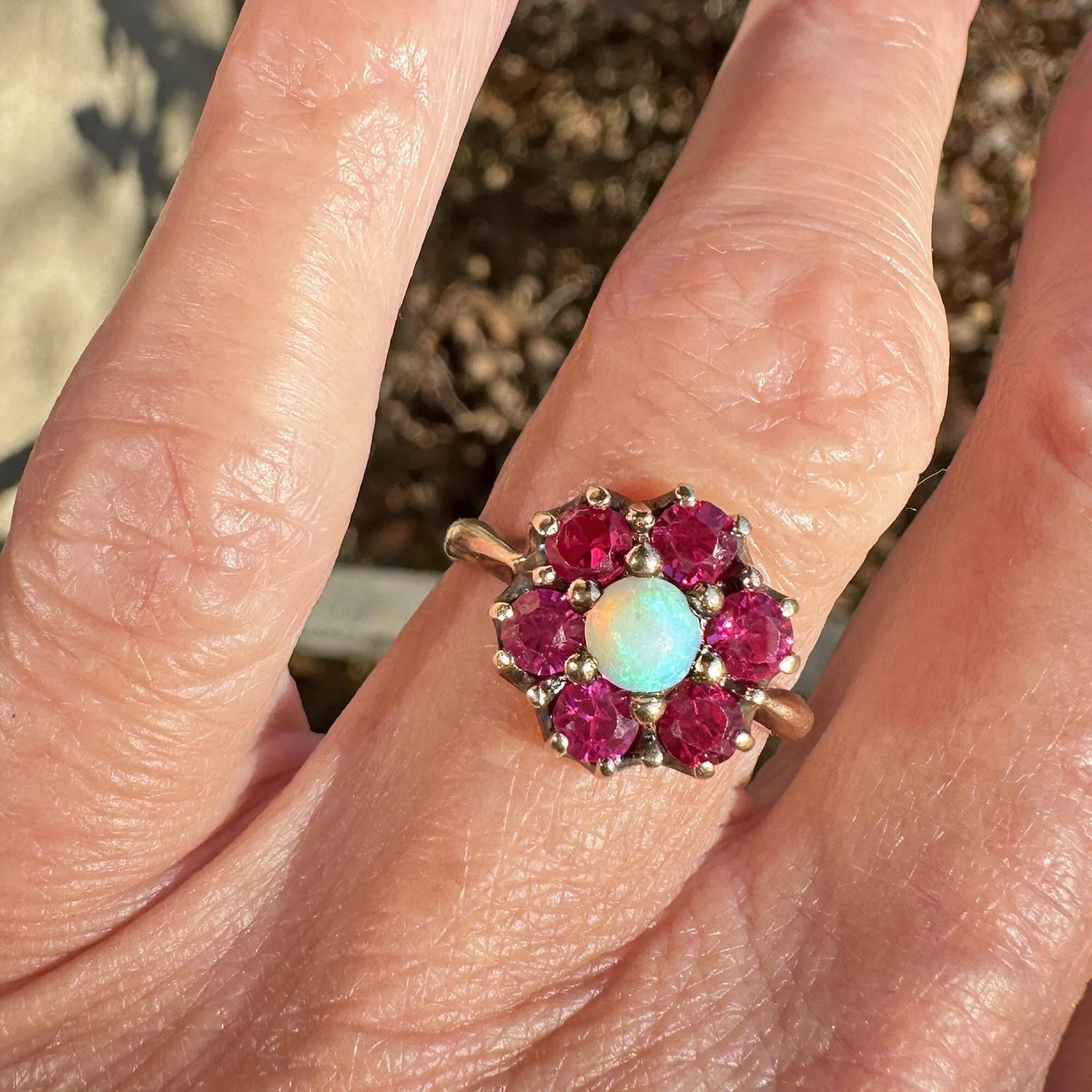 Antique Gold Ruby Halo Cluster Opal Ring