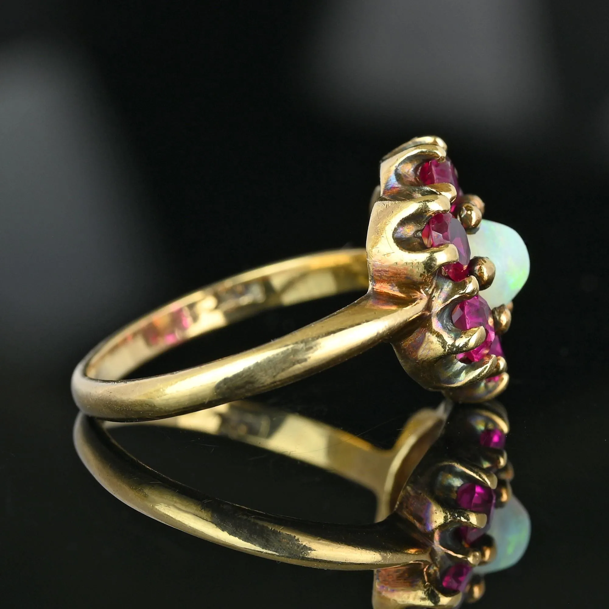 Antique Gold Ruby Halo Cluster Opal Ring