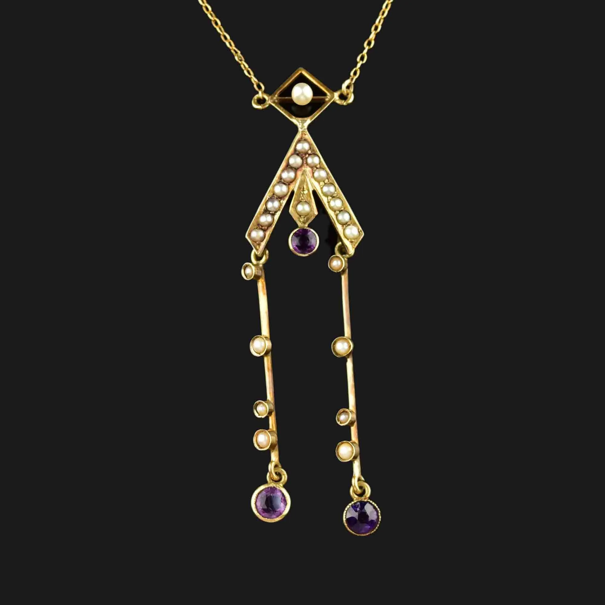 Antique Victorian 14K Gold Amethyst Seed Pearl Lavaliere Necklace