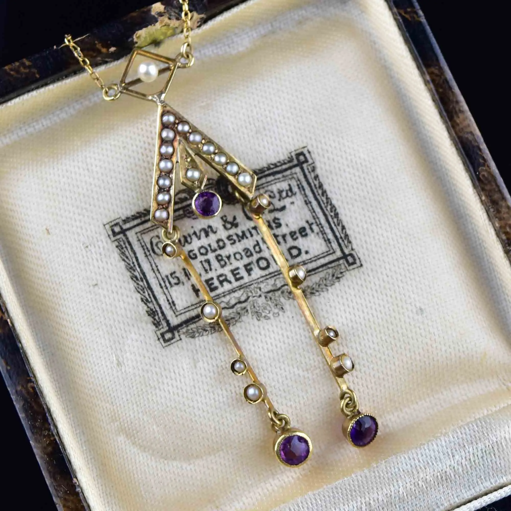 Antique Victorian 14K Gold Amethyst Seed Pearl Lavaliere Necklace