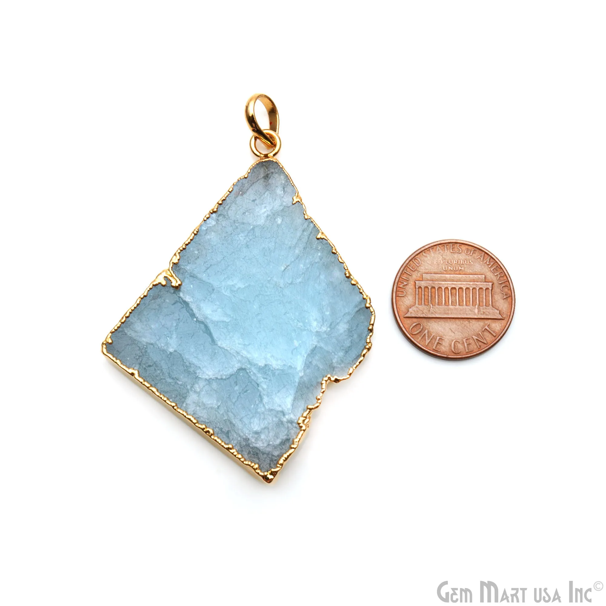 Aquamarine Free Form shape 44x32mm Gold Electroplated Gemstone Single Bail Pendant