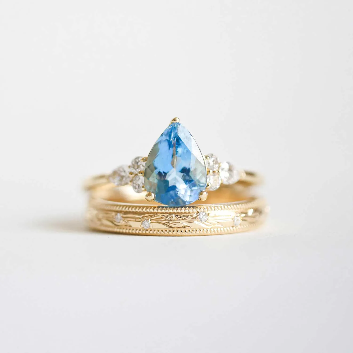 Aquamarine, Pear, and Round Diamond Engagement Ring