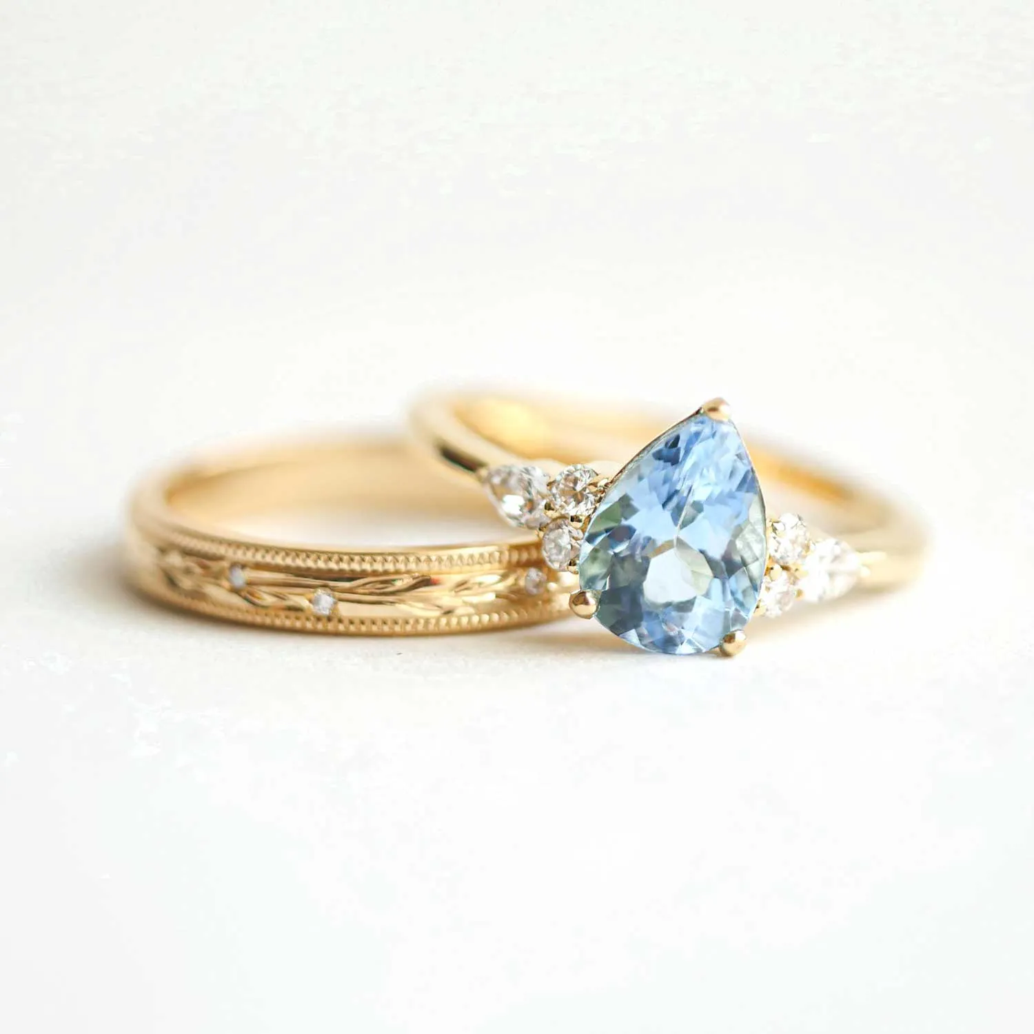 Aquamarine, Pear, and Round Diamond Engagement Ring