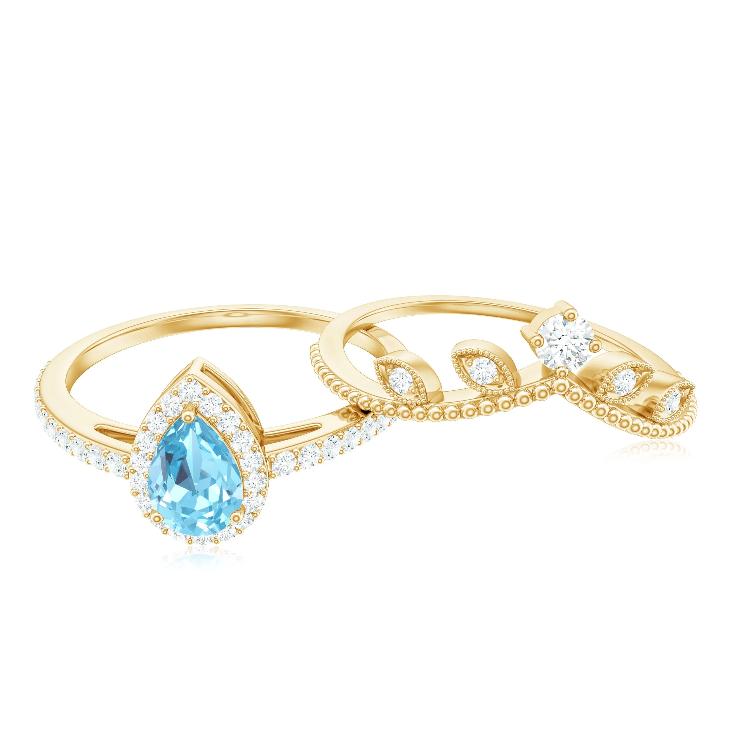 Aquamarine Vintage Teardrop Wedding Ring Set with Diamond