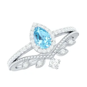 Aquamarine Vintage Teardrop Wedding Ring Set with Diamond